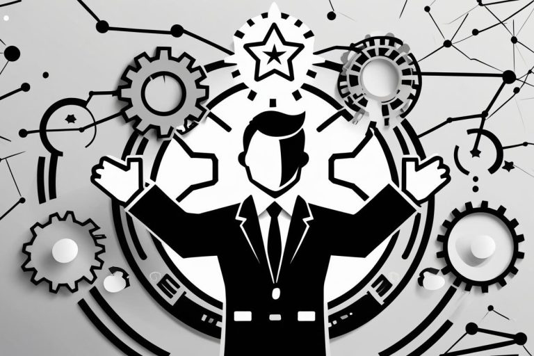 Illustration eines Mannes mit erhobenen Armen zwischen Symbolen für Erfolg, Vernetzung und Zielorientierung – steht für strategische Selbstf