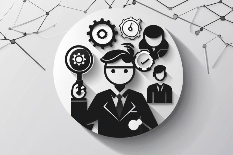Symbolische Darstellung eines Bewerbers mit Lupe, Zahnrädern und Vernetzungen – steht für Mitarbeitersuche im wachsenden Unternehmen