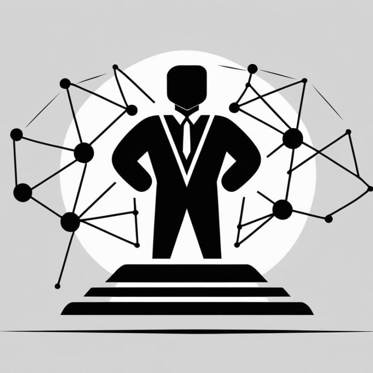 Illustration einer Person auf Podest mit Netzwerkverbindungen – symbolisiert Führung, Verantwortung und Klarheit