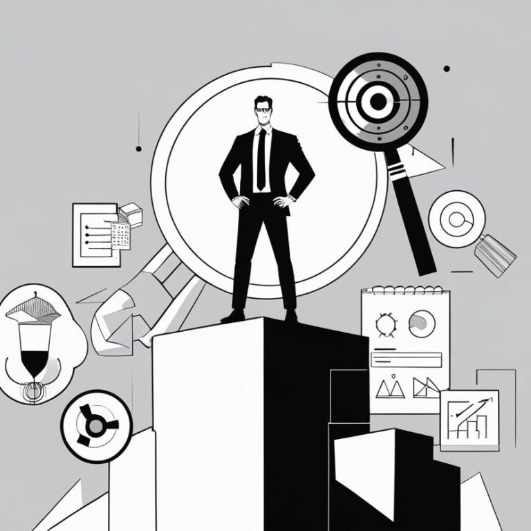 Geschäftsperson mit Strategie-Icons – steht für Klarheit in Führung und Verantwortung
