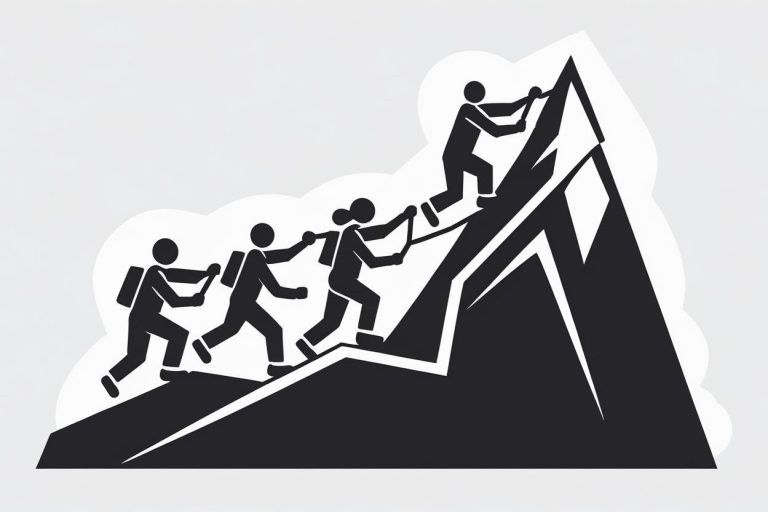 Zwei Personen erklimmen gemeinsam einen Berg – symbolisiert Teamwork und Zusammenarbeit.