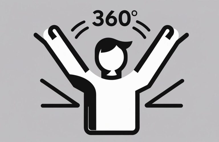 Mensch im Zentrum mit vier Pfeilen nach außen – zeigt Rundumblick durch 360-Grad-Feedback.